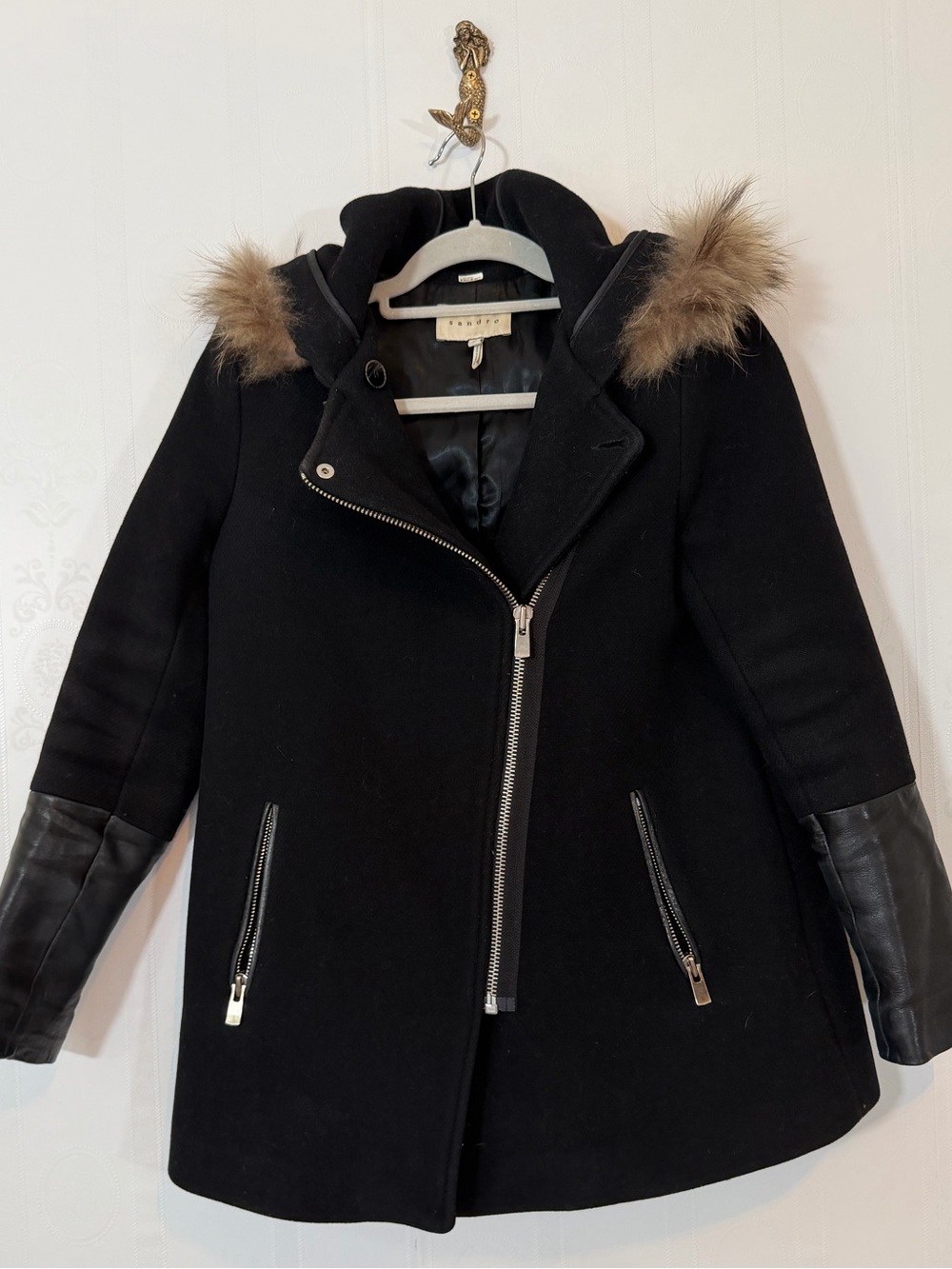 Sandro Black Wool Coat with Fur-Trim Hood | Size 36 (US S)